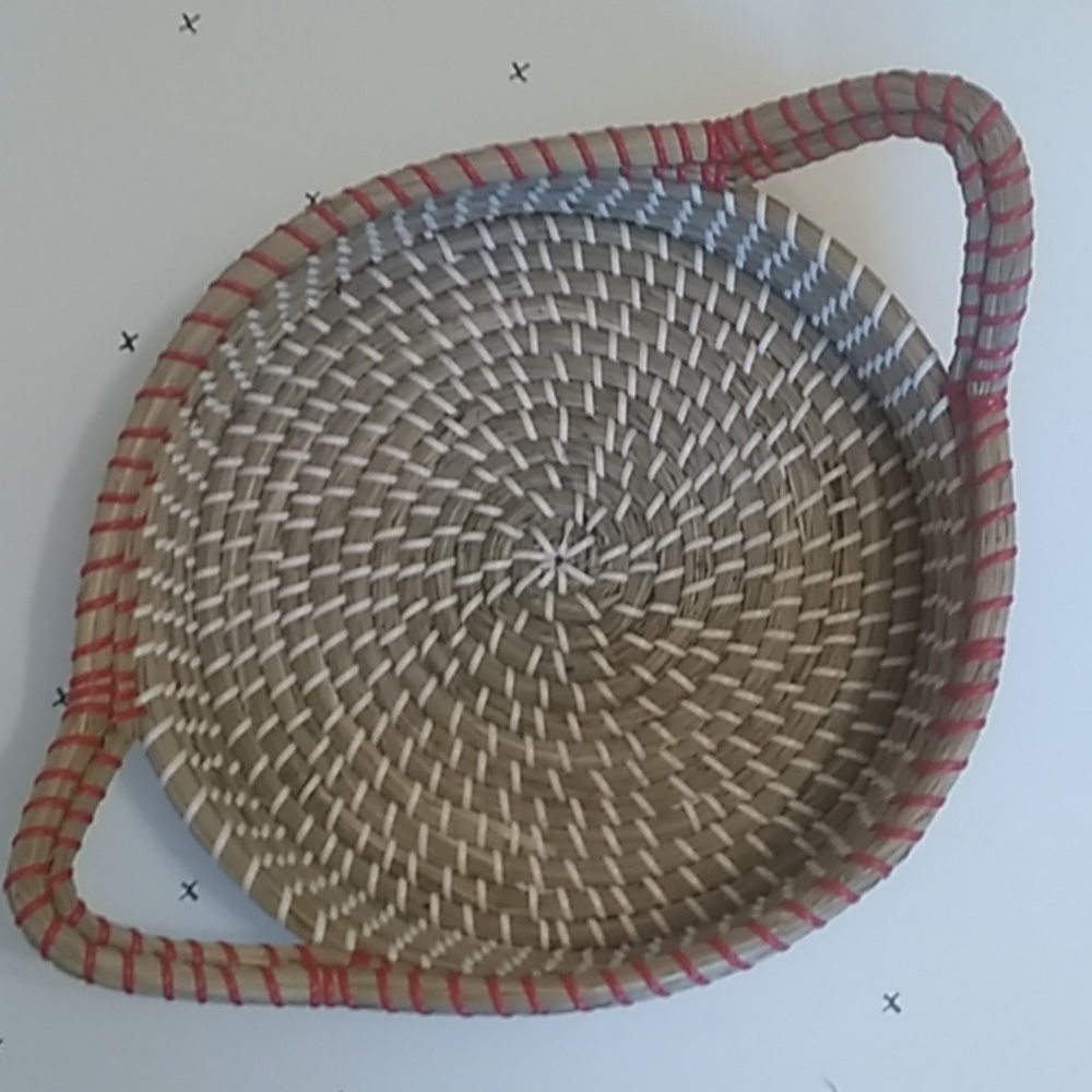 Red and White Accented Round Basket with Handles